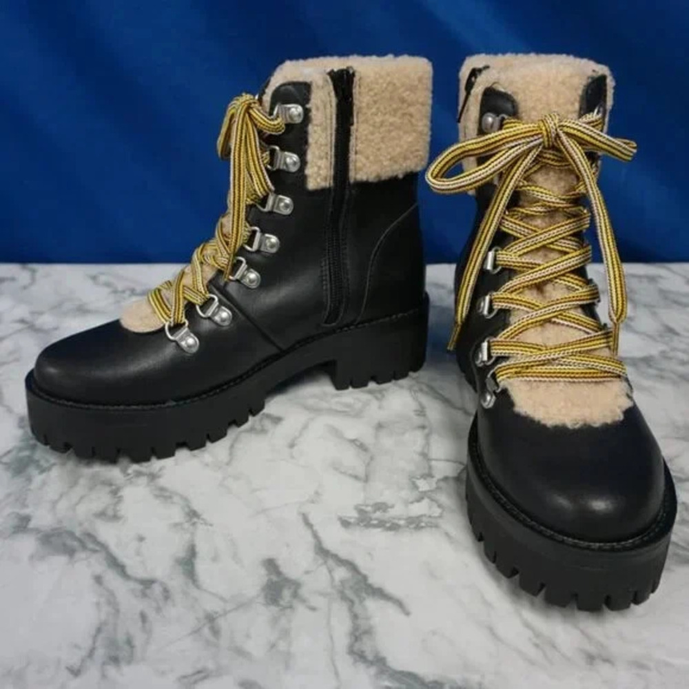 Steve Madden Aniko Women's Winter Ankle Boot in Black Leather Lace-Up Size 7.5